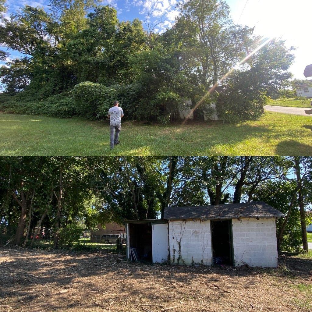 A man is standing in a field next to a shed.