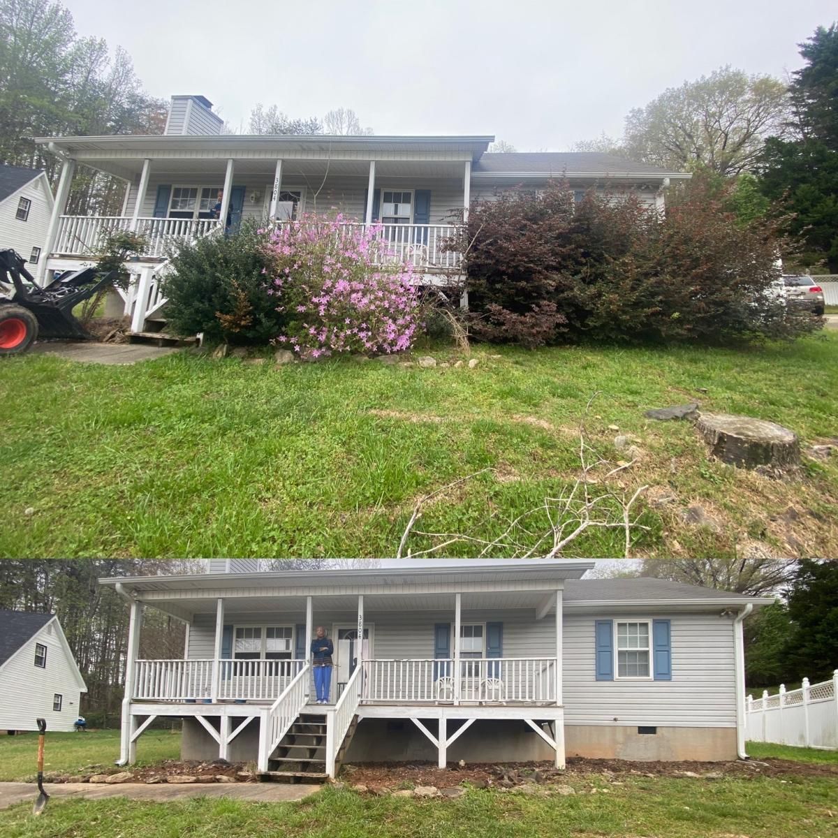 A before and after picture of a house with blue shutters