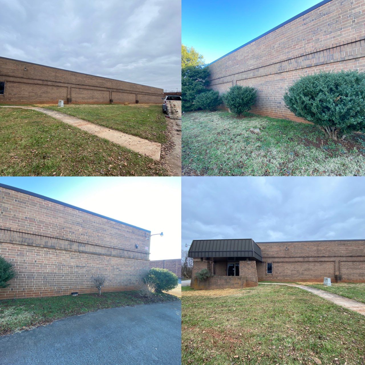 A collage of four pictures of a large brick building