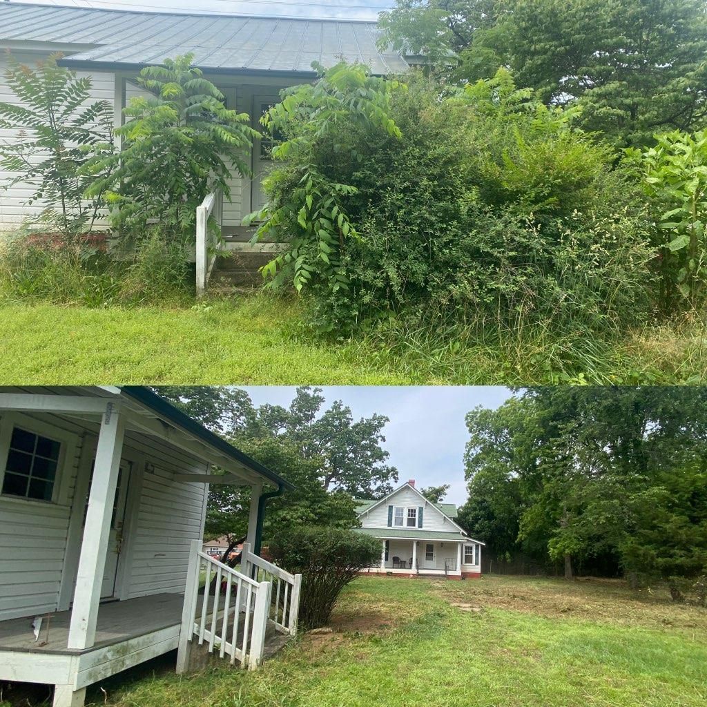 A before and after picture of a house and yard.