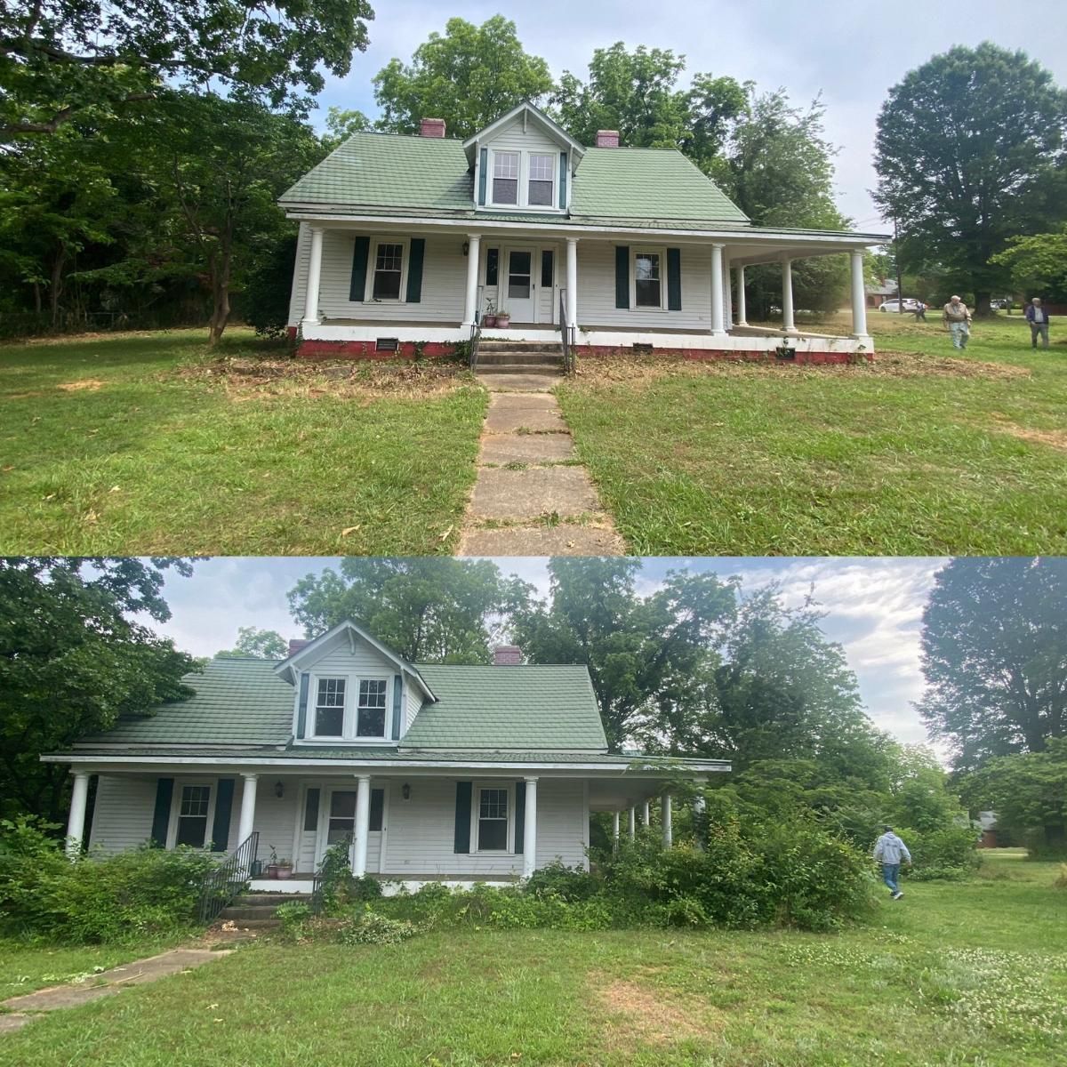 A before and after picture of a house with a green roof.