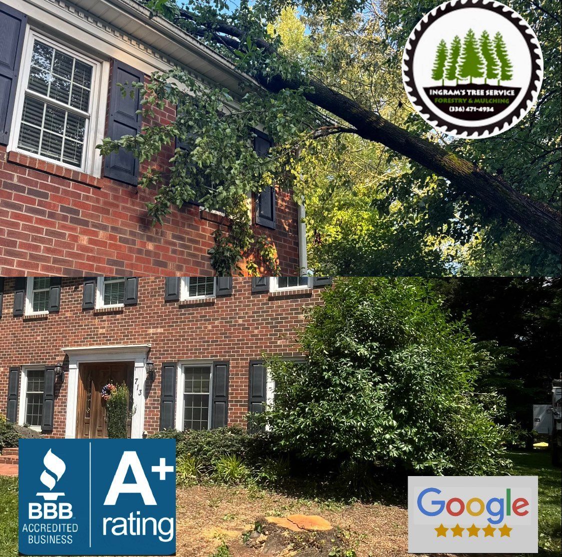 A brick house with a google rating next to it