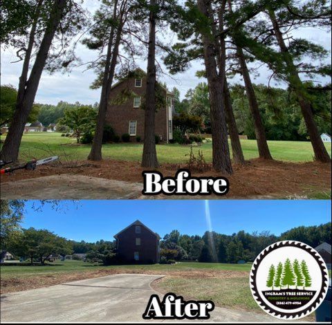 A before and after photo of a house and trees