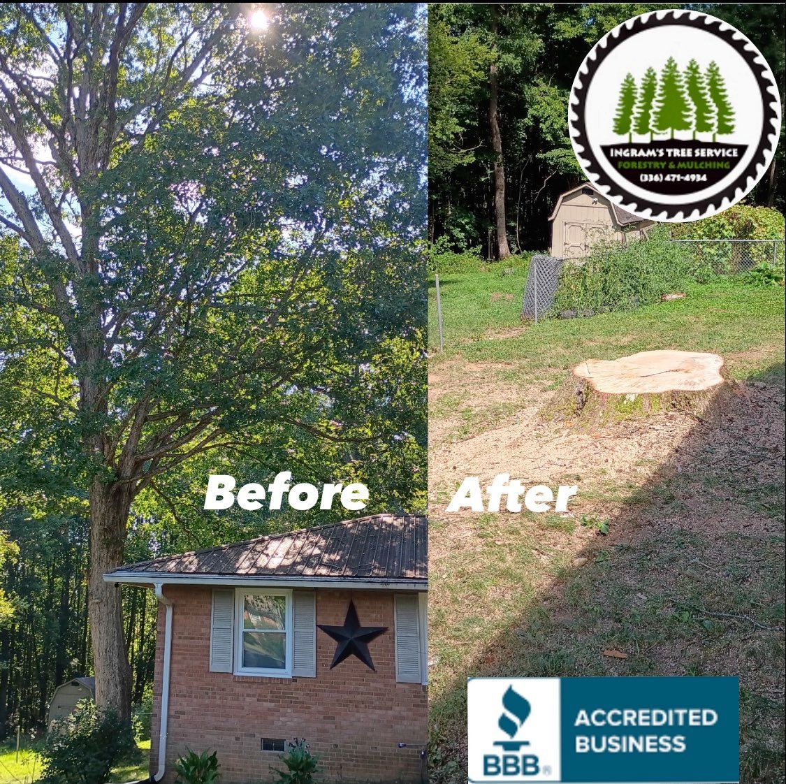 Before and after of tree removal: a tree beside a brick house, then the stump.