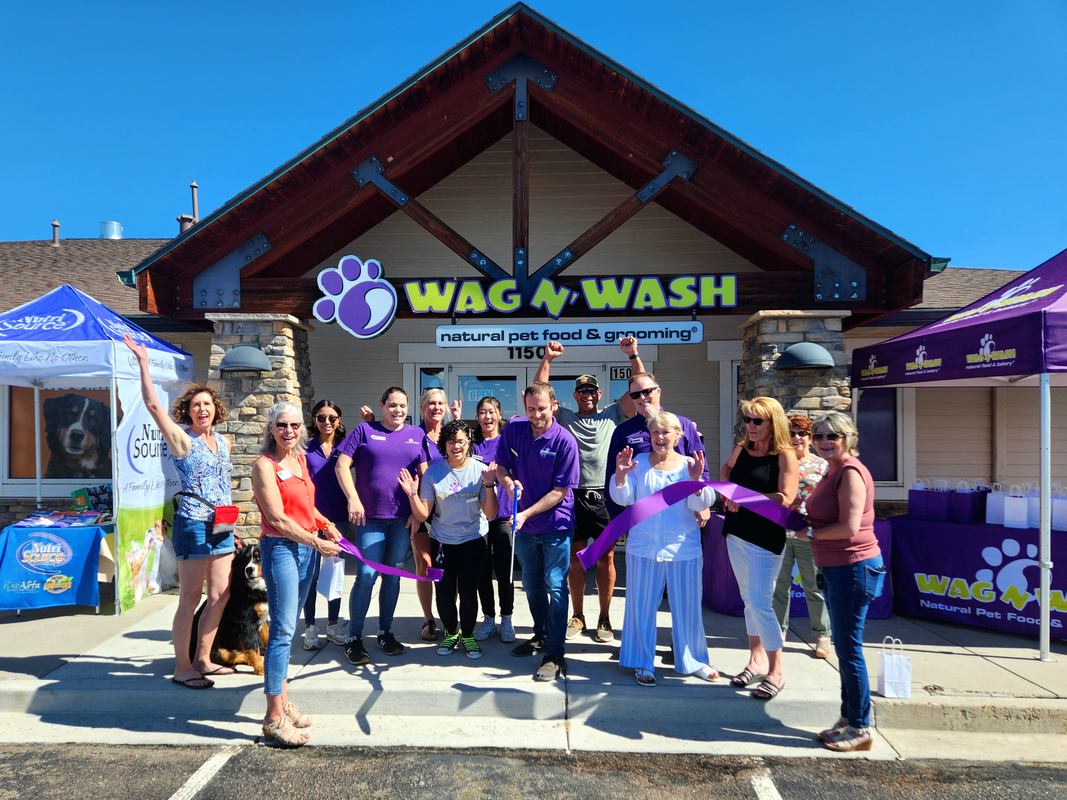 People cutting a ribbon in front of a Wag n' Wash pet store. Purple and blue branding. Sunny day.