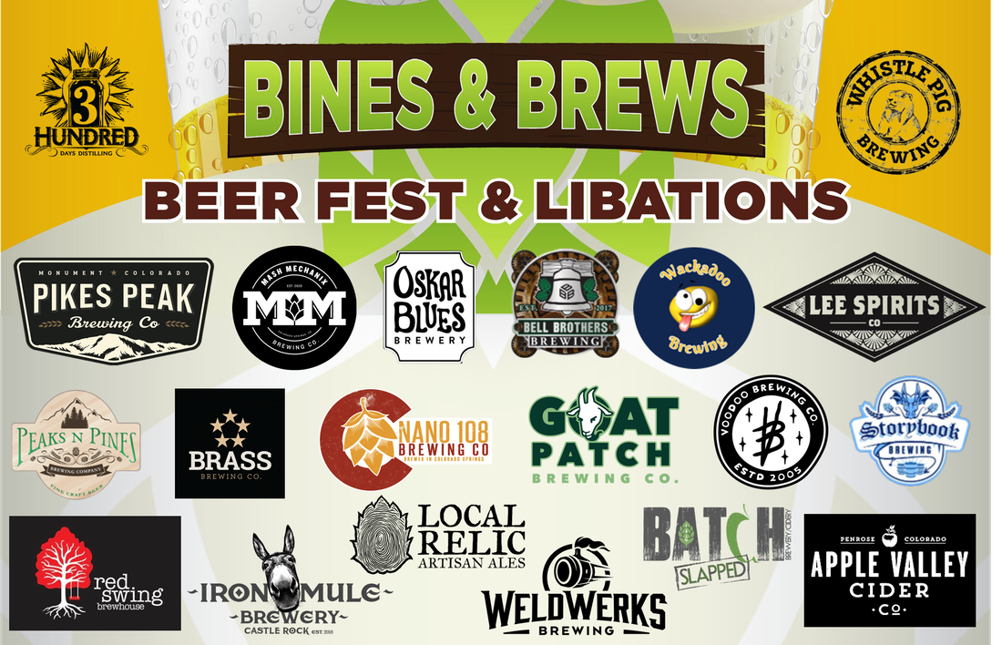 Bines & Brews beer fest logo with brewery logos. Various breweries featured for a beer festival and libations.