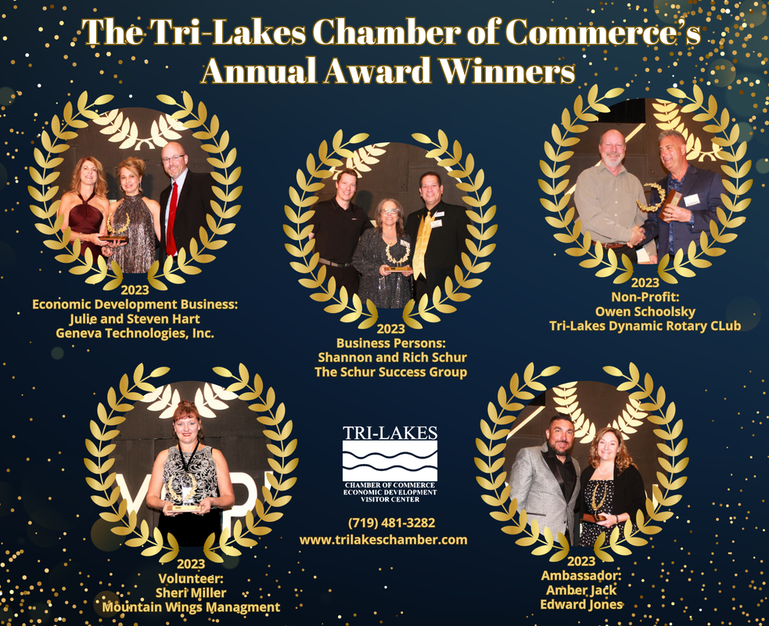 Tri-Lakes Chamber of Commerce annual award winners: photos of award recipients with text labels.