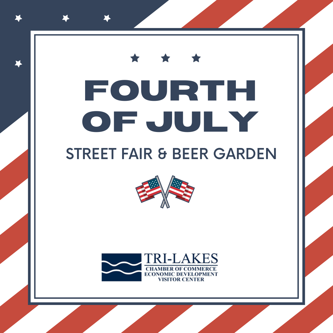 4th of July Street Fair poster, red, white, and blue. Features stars and text. Presented by Tri-Lakes.