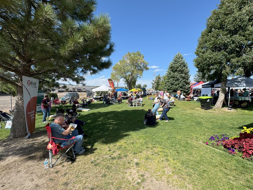 People relaxing and shopping outdoors at a festival or event on a sunny day.
