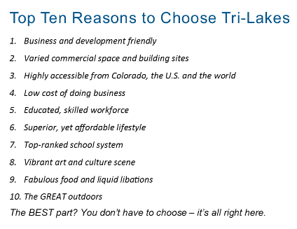 Top ten reasons to choose Tri-Lakes: a list of business and lifestyle benefits.