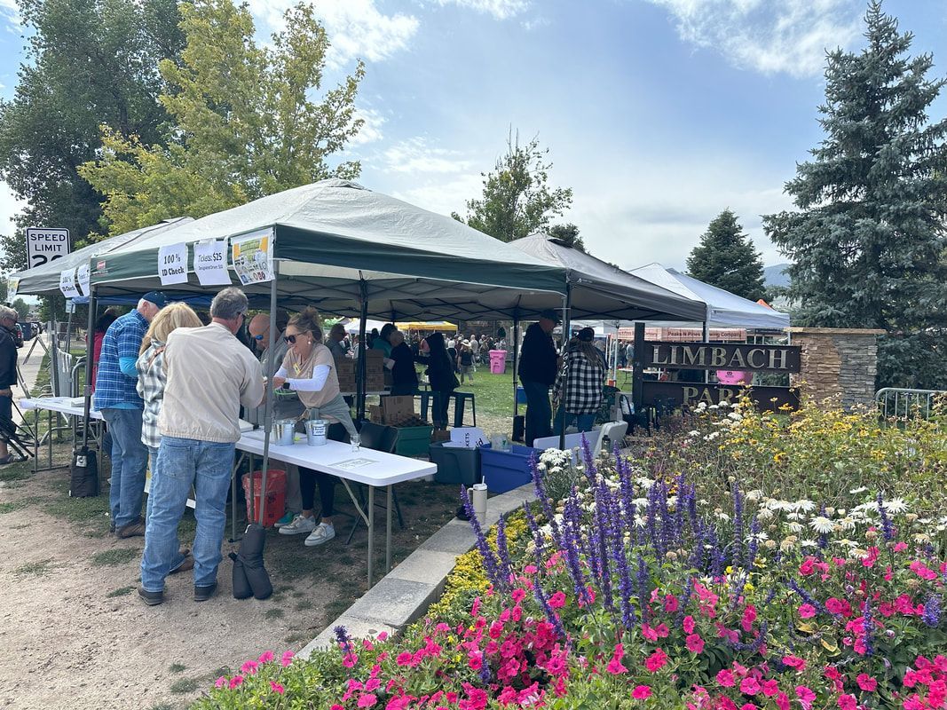 People at an outdoor market under canopies, with flowers in the foreground.