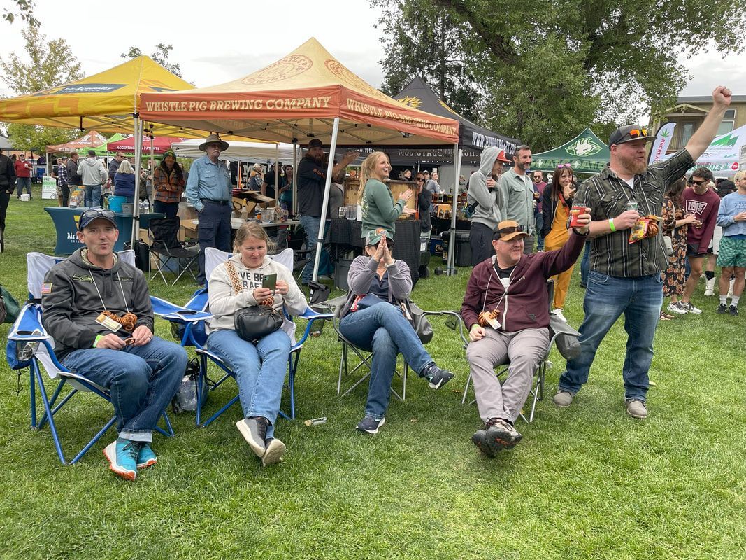 People in camping chairs at outdoor event; tents, green grass, and overcast sky in background.