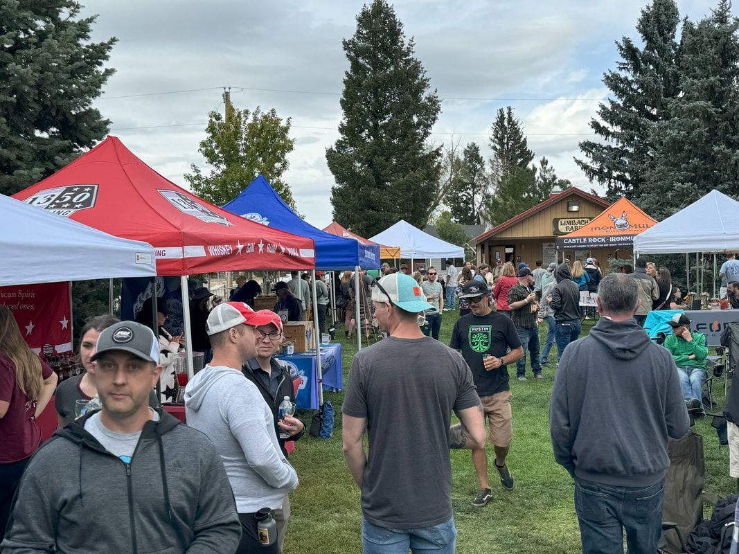 Crowd at an outdoor event with tents, trees, and people socializing, set on a grassy field.