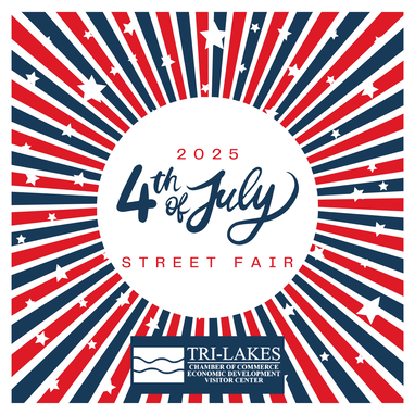 4th of July Street Fair poster, red, white, and blue. Features stars and text. Presented by Tri-Lakes.