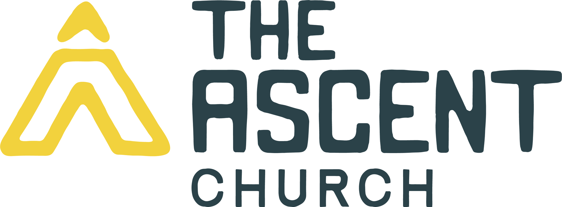 Logo for The Ascent Church, featuring a yellow upward-pointing arrow and teal text.
