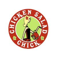 Chicken Salad Chick logo: Red circle, green center with woman holding basket, text 