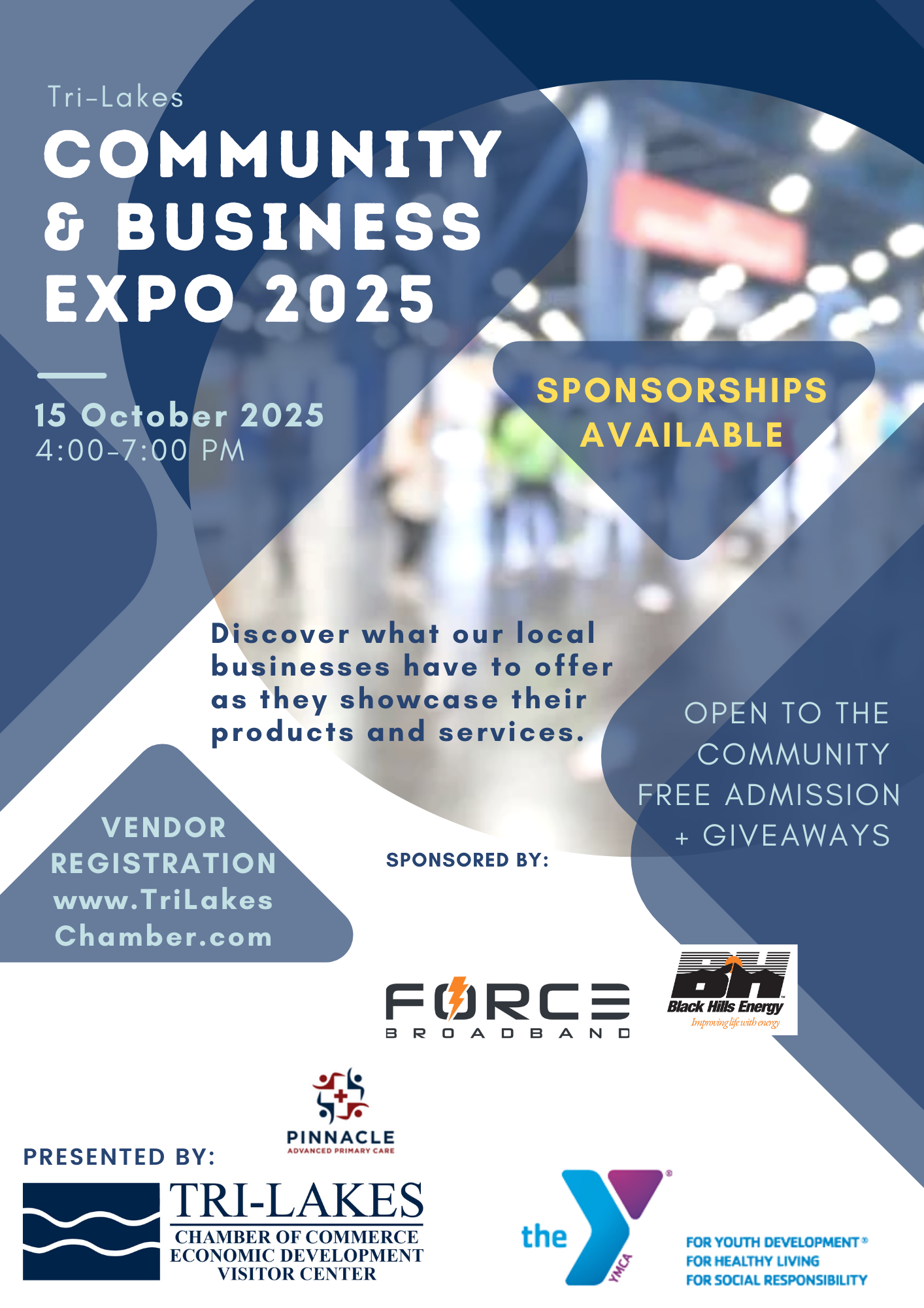 Poster for the Tri-Lakes Community & Business Expo 2025. Features logos, text, and sponsors.