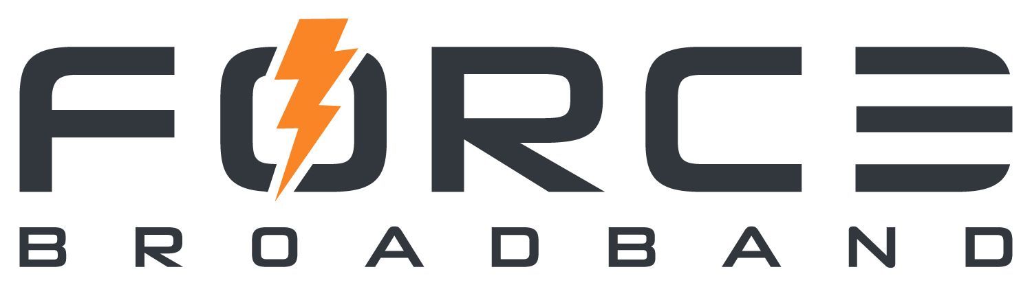 Force Broadband logo with an orange lightning bolt inside the letter 