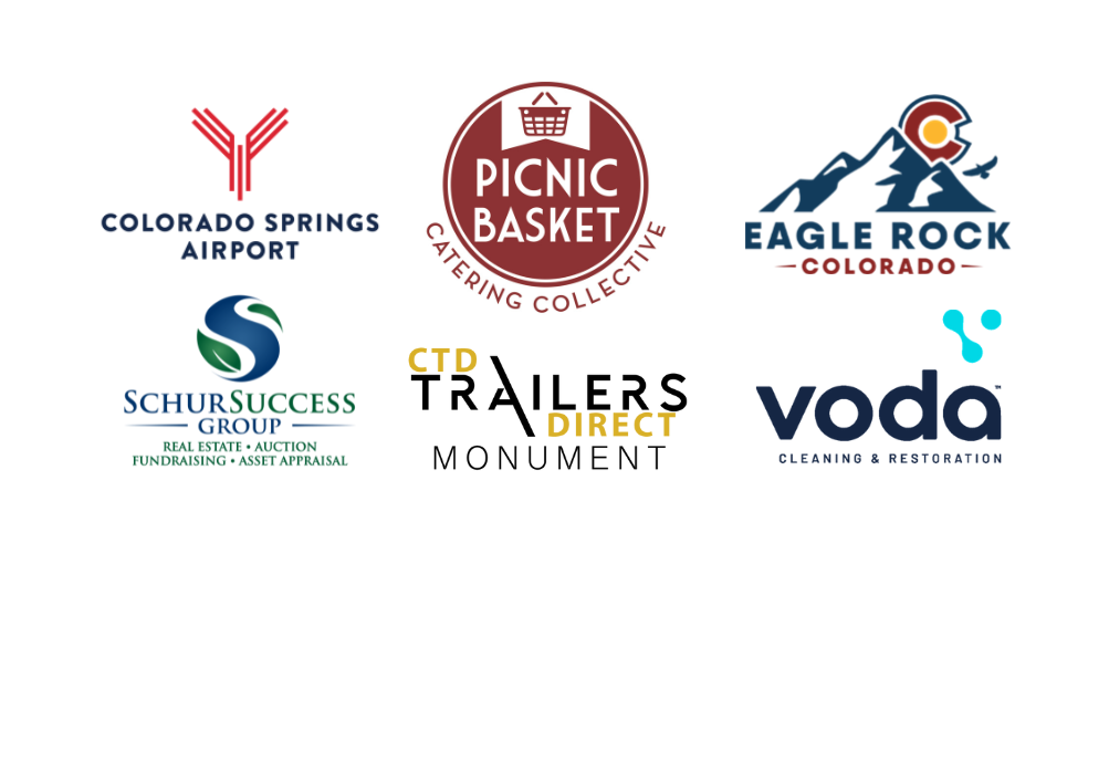 Logos for Colorado Springs Airport, Picnic Basket Catering Collective, Eagle Rock Colorado, SchurSuccess Group, and Voda.