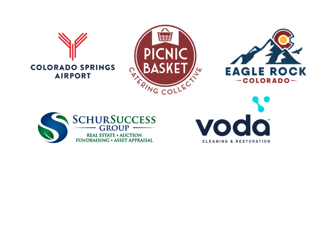 Logos for Colorado Springs Airport, Picnic Basket Catering Collective, Eagle Rock Colorado, SchurSuccess Group, and Voda.