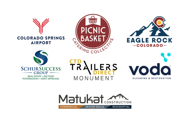 Logos for Colorado Springs Airport, Picnic Basket Catering Collective, Eagle Rock Colorado, SchurSuccess Group, and Voda.