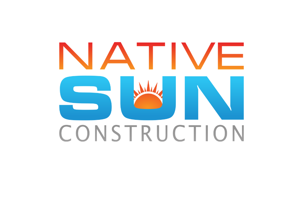 Native Sun Construction logo: orange and blue text, sun graphic.