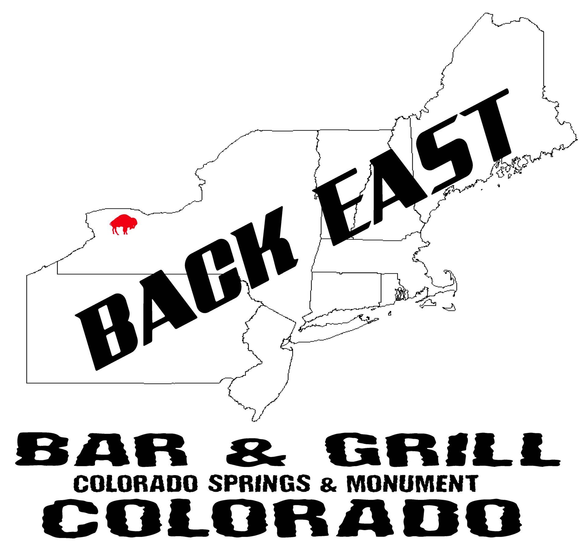 Logo for Back East Bar & Grill in Colorado Springs & Monument, CO. Includes a map of the northeastern US with a red buffalo.