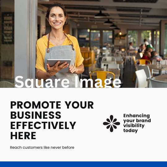 Woman in apron holding tablet, smiling in a cafe. Ad reads