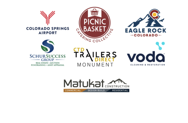 Logos for Colorado Springs Airport, Picnic Basket Catering Collective, Eagle Rock Colorado, SchurSuccess Group, Matukat Construction, and Voda.
