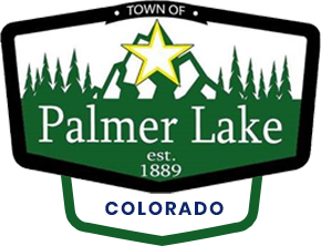 Palmer Lake, Colorado town seal with green and black text, mountains, a star, and trees.