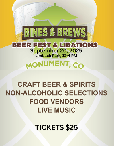 Poster: Bines & Brews beer fest in Monument, CO on Sept. 20, 2025, featuring craft beer, food, music. Tickets $25.