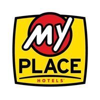 My Place Hotels logo: yellow square, red circle, white text 