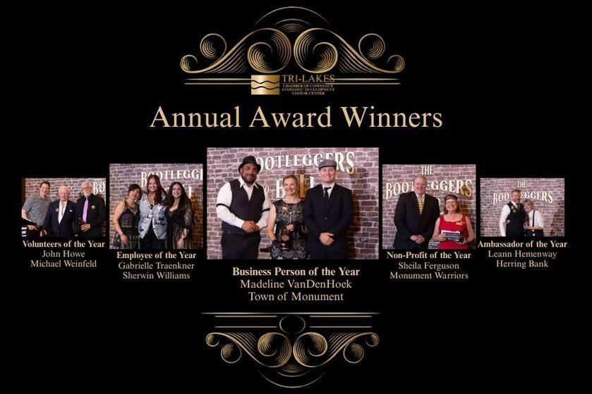 Annual awards winners listed with photos. Black and gold theme.