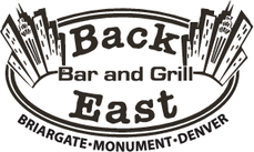Logo for Back Bar and Grill East in Denver with buildings and text.