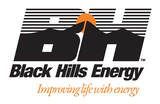 Black Hills Energy logo: black mountains with orange sun, BH initials, tagline.
