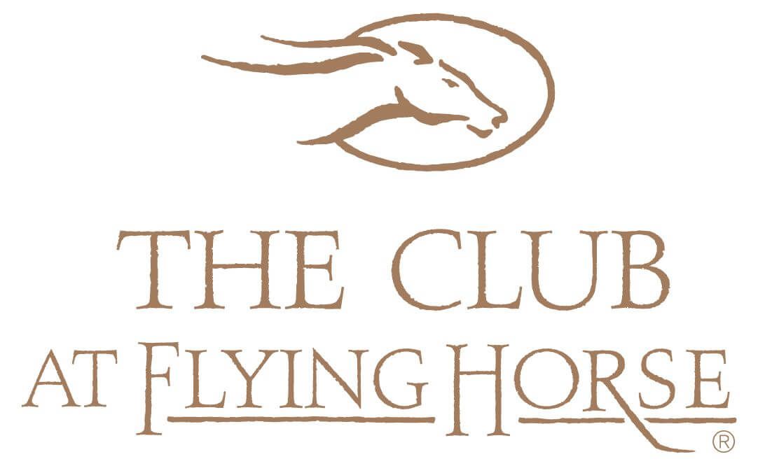 Logo of The Club at Flying Horse, featuring a horse's head inside a circle above the text in brown.