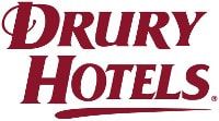 Drury Hotels logo in burgundy script.