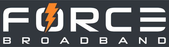 Logo for Force Broadband, white text on dark gray background with an orange lightning bolt.