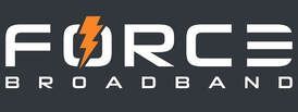 Force Broadband logo: white text on dark gray background; lightning bolt icon in the 