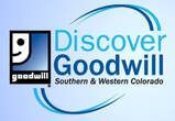 Goodwill logo: Smiling face, blue and white arcs, 