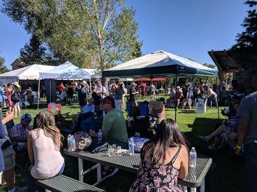 Outdoor event with many people under tents, sitting at picnic tables, and on the grass.