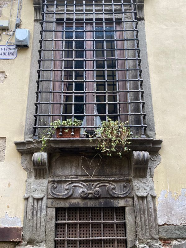 Window with ornate stone frame, iron bars, and potted plants. Beige wall.