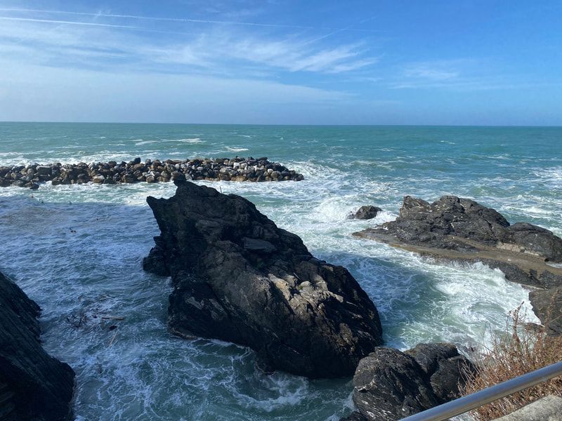 Rough ocean waves crash against dark rocks under a blue sky.