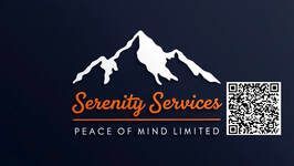 Logo for Serenity Services: White mountain silhouette, orange text on dark blue background, QR code.