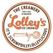 Logo for Lolley's Ice Cream: Orange lettering, ice cream scoop graphic, circle design with text 