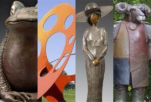 Four bronze sculptures: a frog, an orange abstract form, a woman in a hat, and a ram-headed figure.