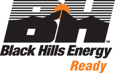 Black Hills Energy logo with black mountains, orange sun, and text 