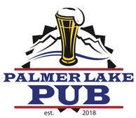 Logo of Palmer Lake Pub, with a beer glass over mountain silhouette, and blue and red text.