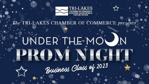 Poster: Tri-Lakes Chamber prom night, dark blue background with silver text and stars, 