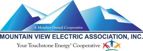Logo of Mountain View Electric Association, with blue mountain graphic and text.
